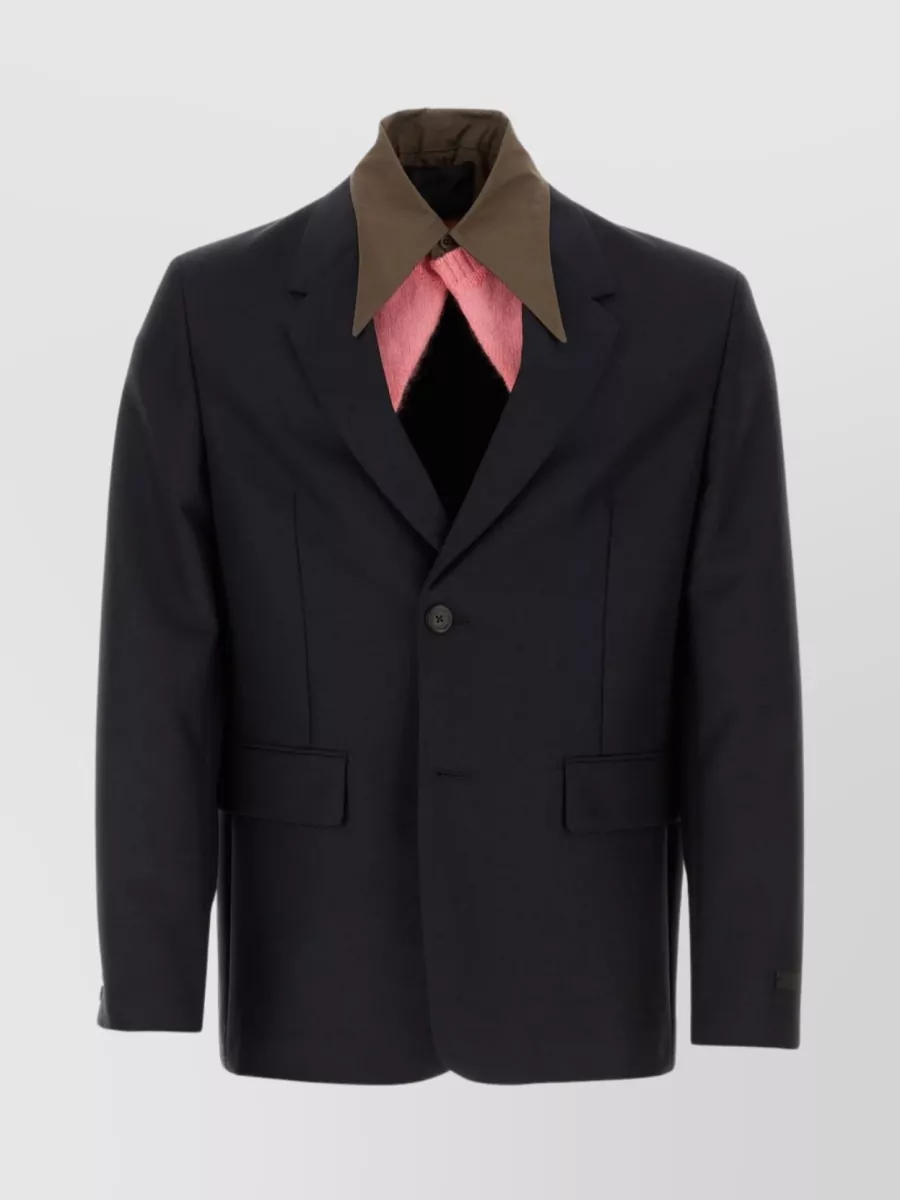 Shop Prada Structured Wool Blend Jacket With Back Slit And Flap Pockets In Black