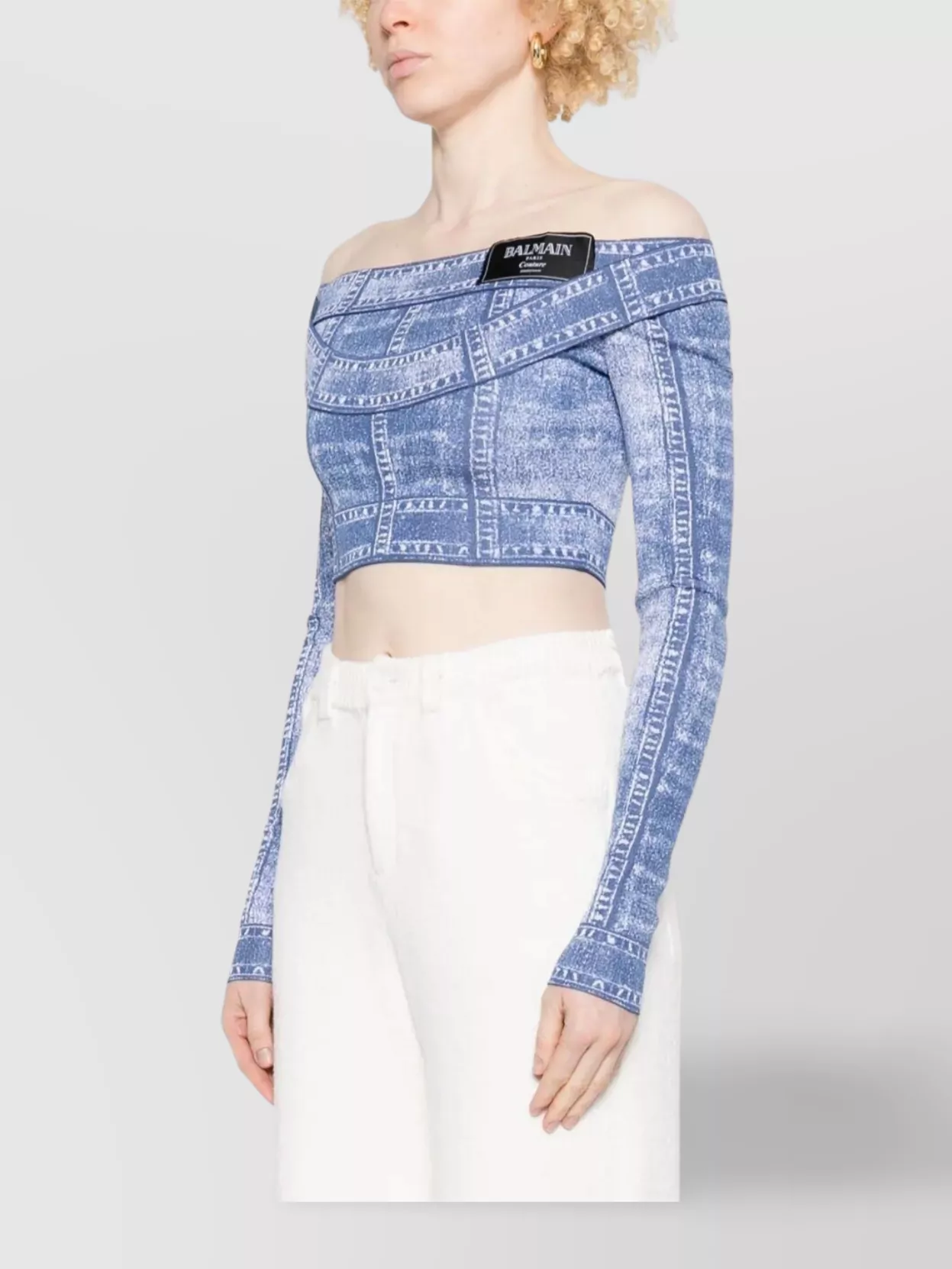 Balmain Denim Print Off-shoulder Cropped Top
