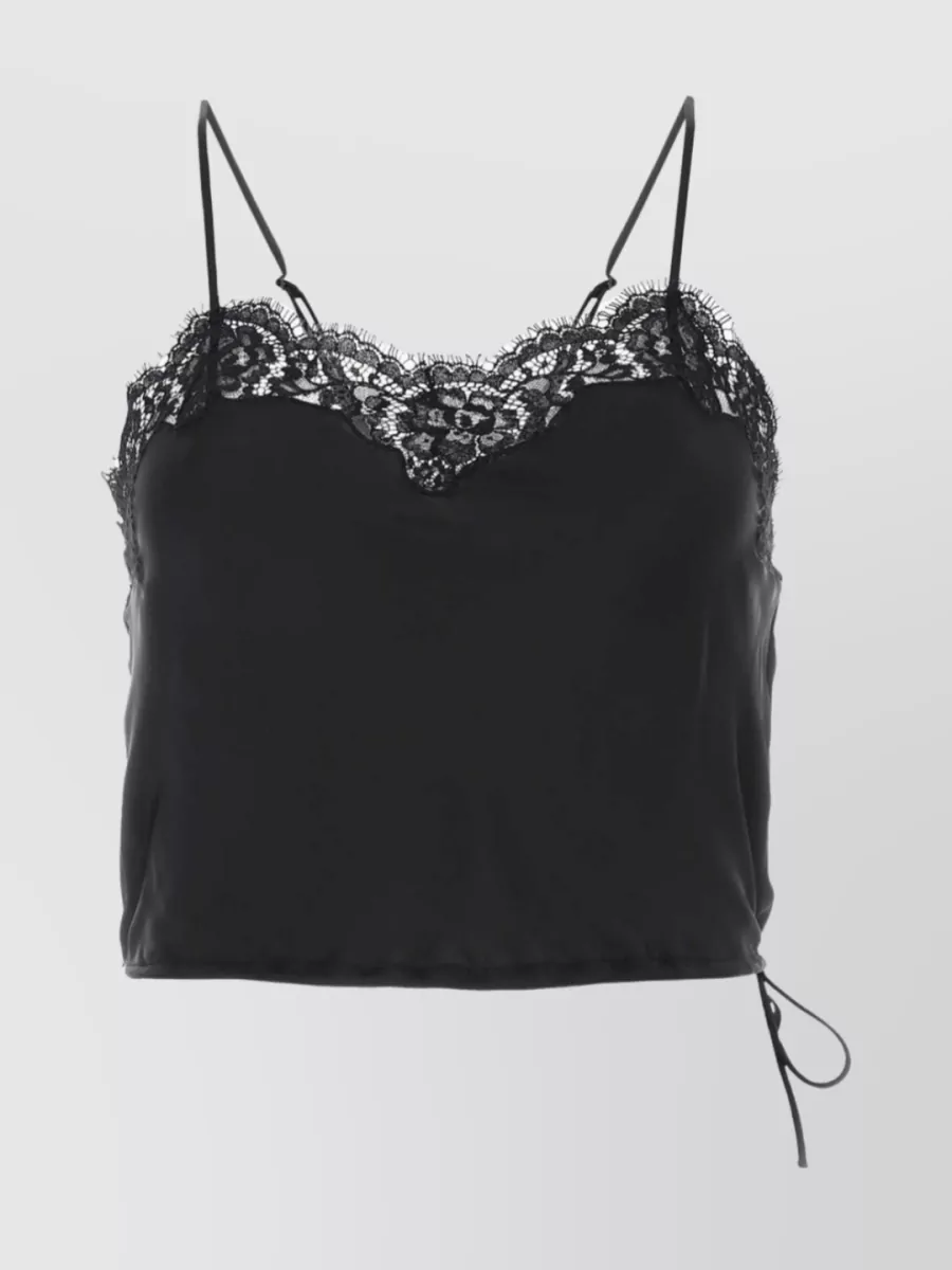 Shop Saint Laurent Satin Top With Adjustable Straps And Lace Detailing In Black