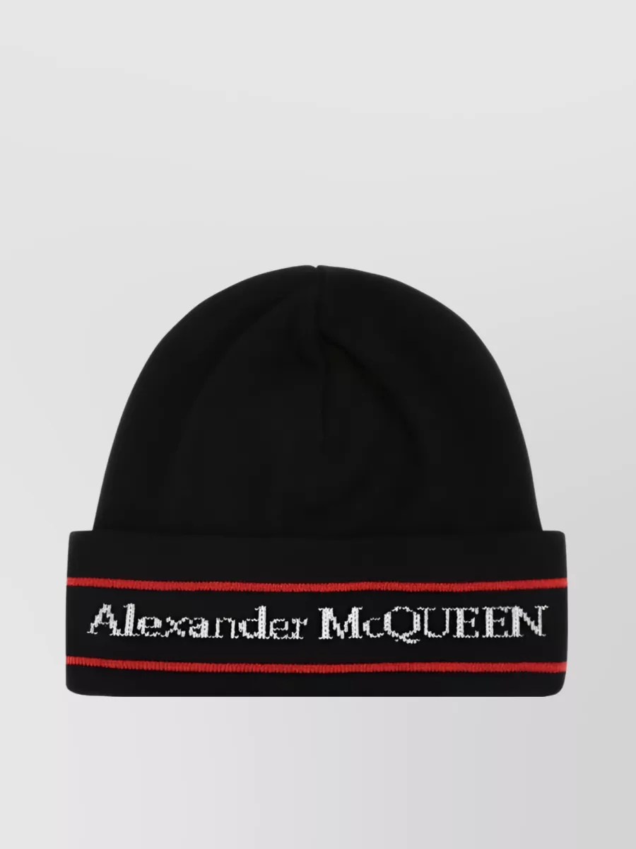 Shop Alexander Mcqueen Knit Logo Folded Edge Beanie In Black