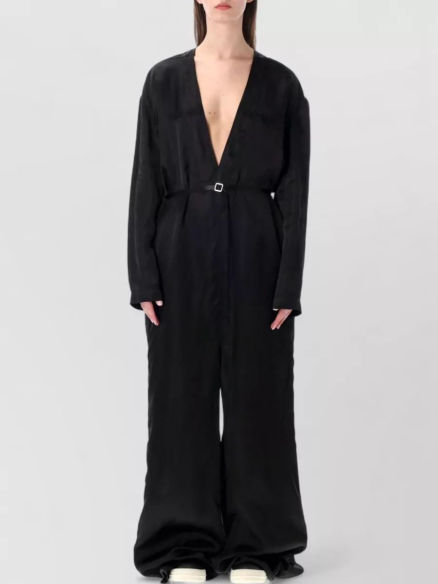 Rick Owens satin v-neck long-sleeve belted jumpsuit