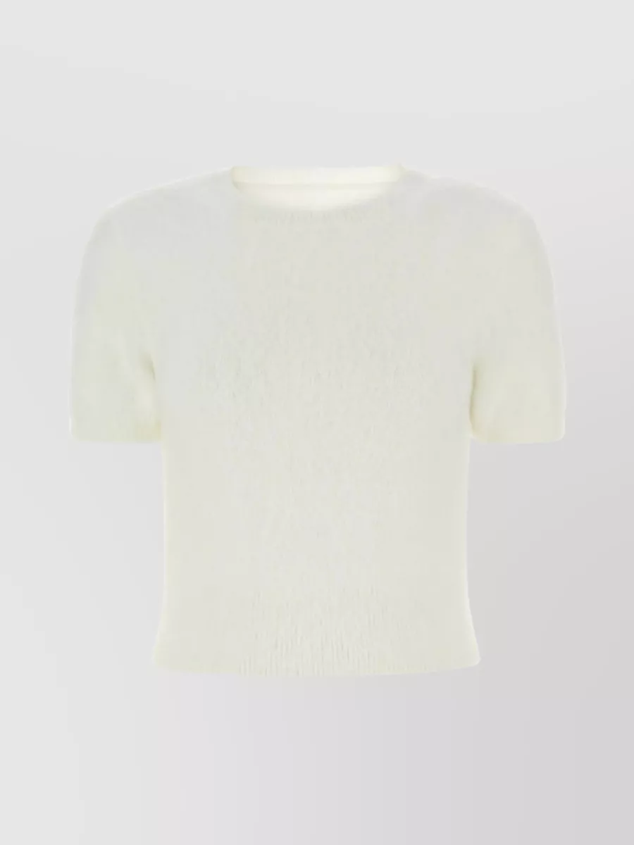 Shop Maison Margiela Angora Blend Cropped Sweater With Short Sleeves In Cream