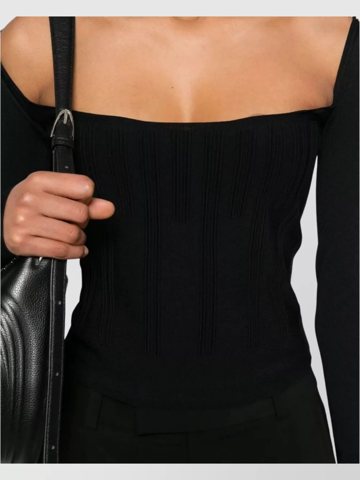 Mugler Off-Shoulder Ribbed Top Long Sleeves