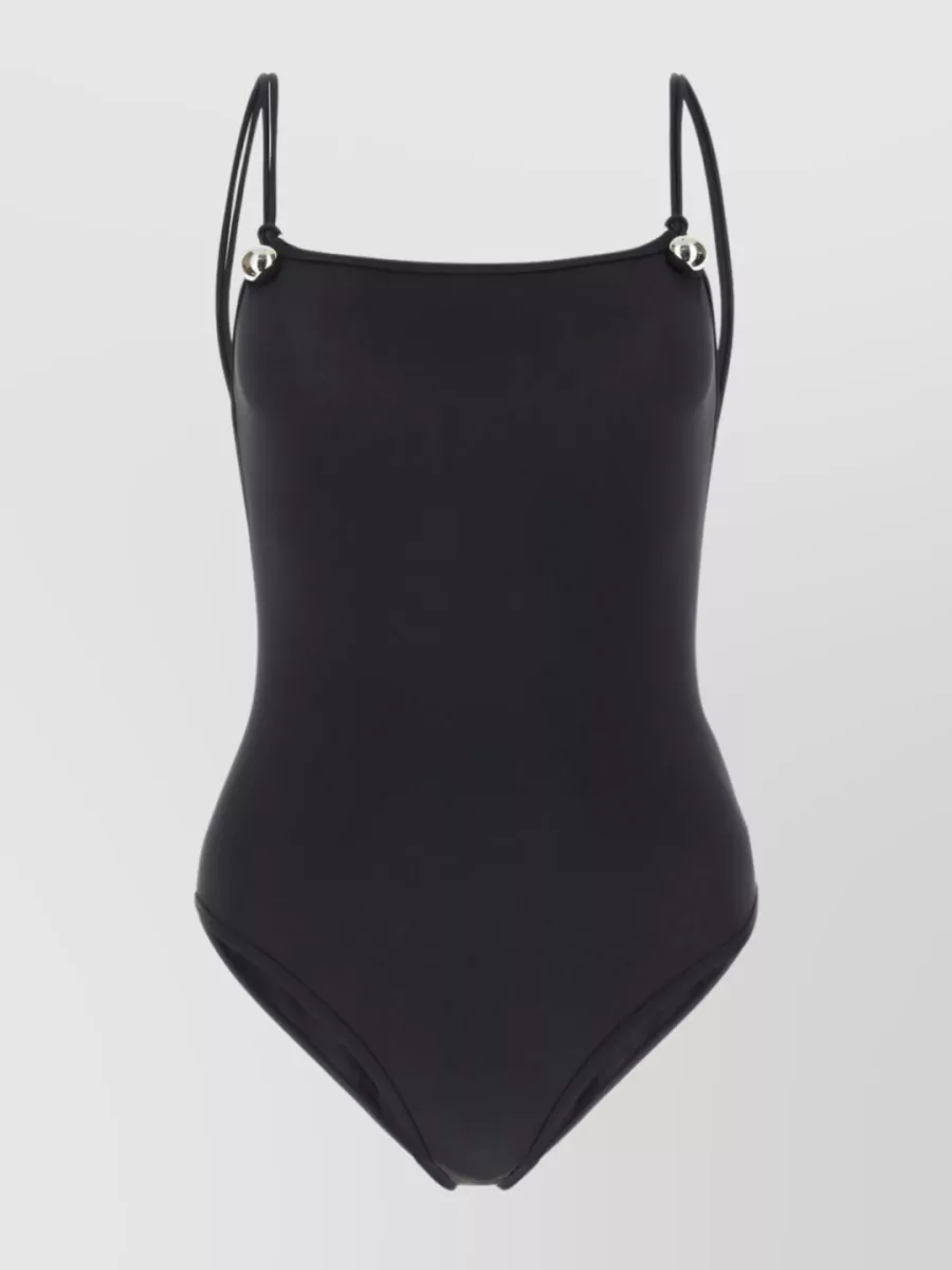 Shop Bottega Veneta Nylon Scoop Swimsuit With Metallic Shoulder Straps In Black