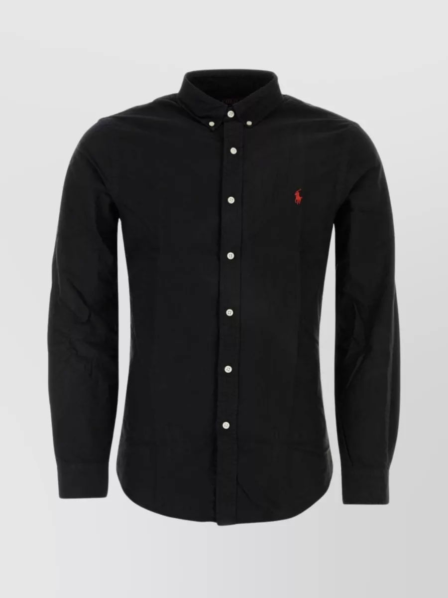 Shop Polo Ralph Lauren Cotton Shirt With Curved Hem And Button-down Collar In Black