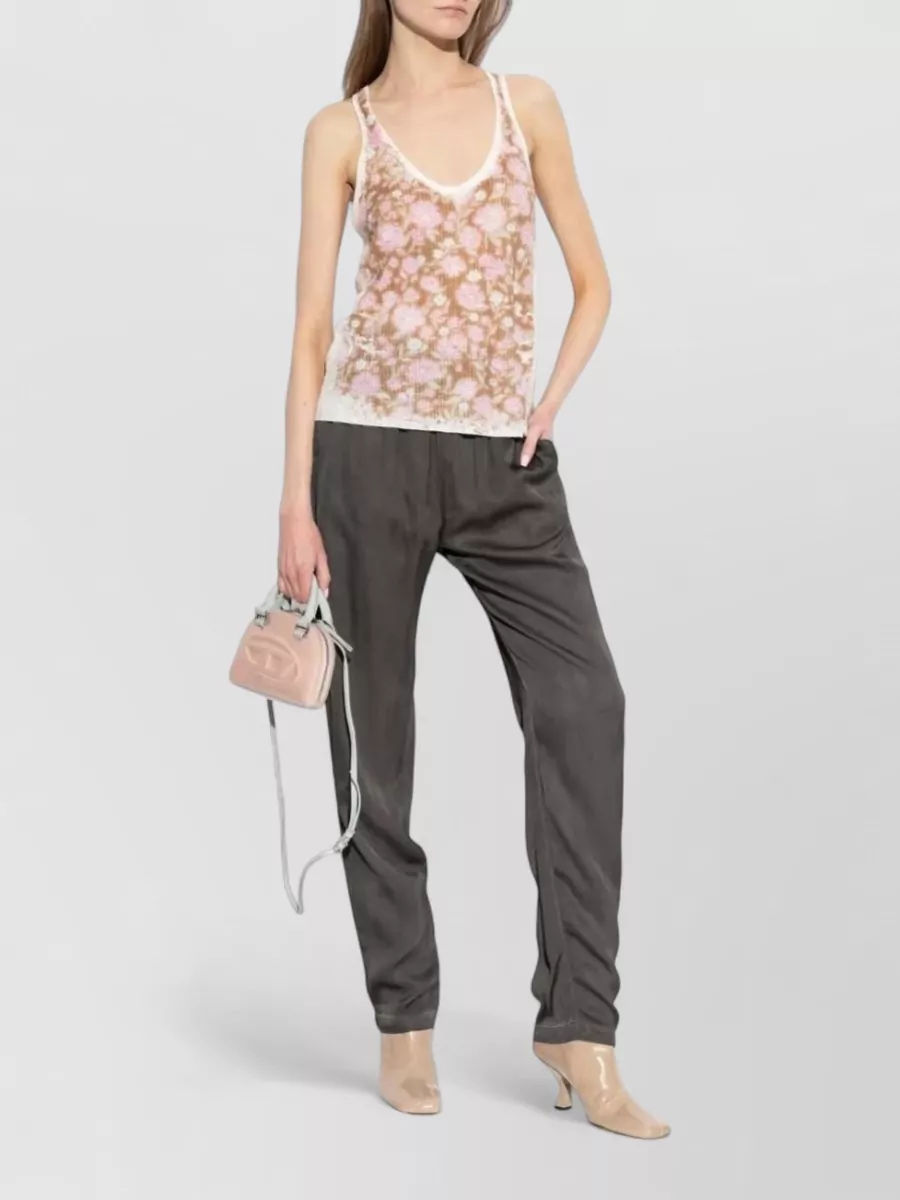 Diesel Linen Ribbed Sleeveless Floral V-Neck Knitted Top