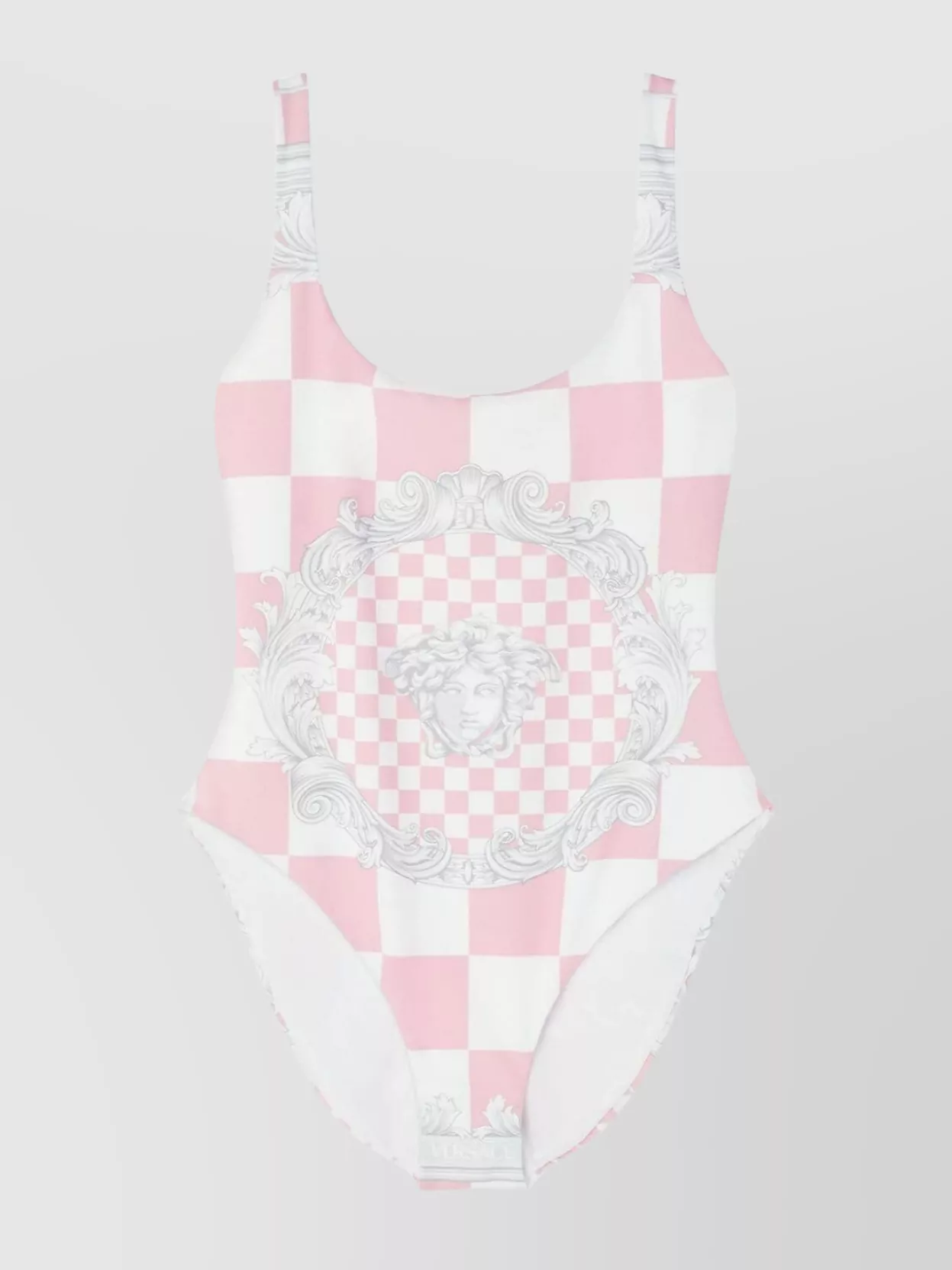 Shop Versace Baroque Check Print Scoop Neck Swimsuit