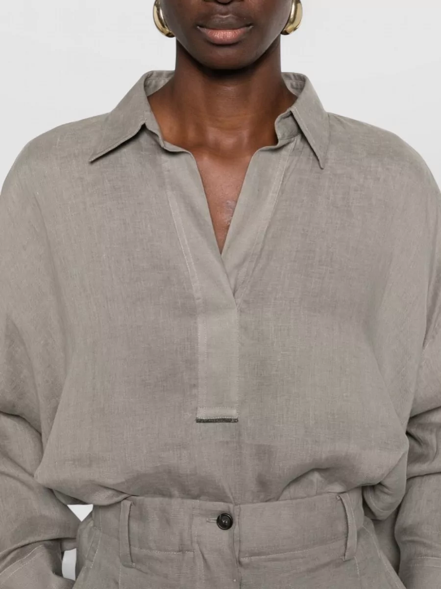 Brunello Cucinelli Linen V-Neck Long-Sleeve Shirt