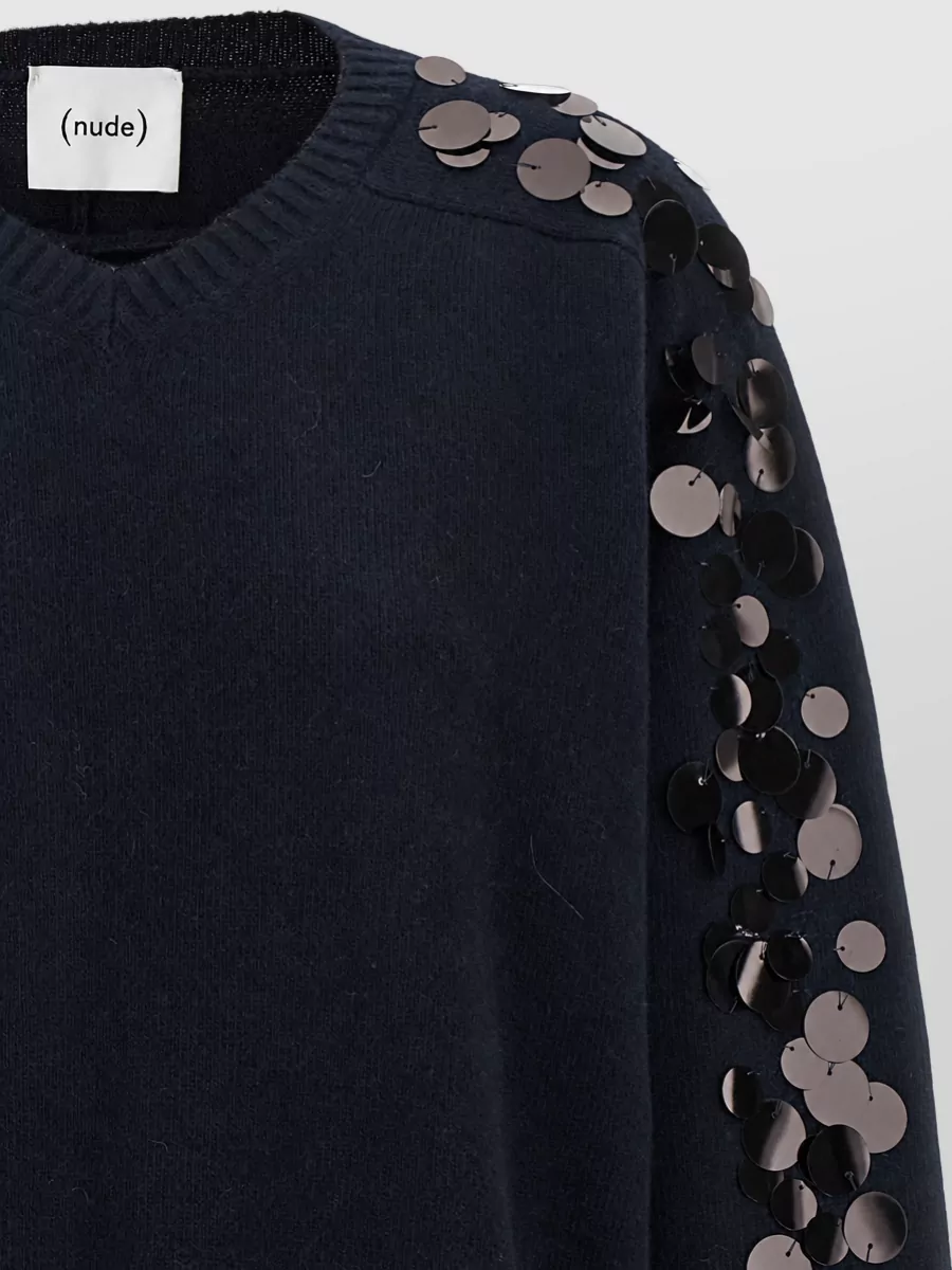 Nude Sequin V-Neck Ribbed Wool-Blend Sweater