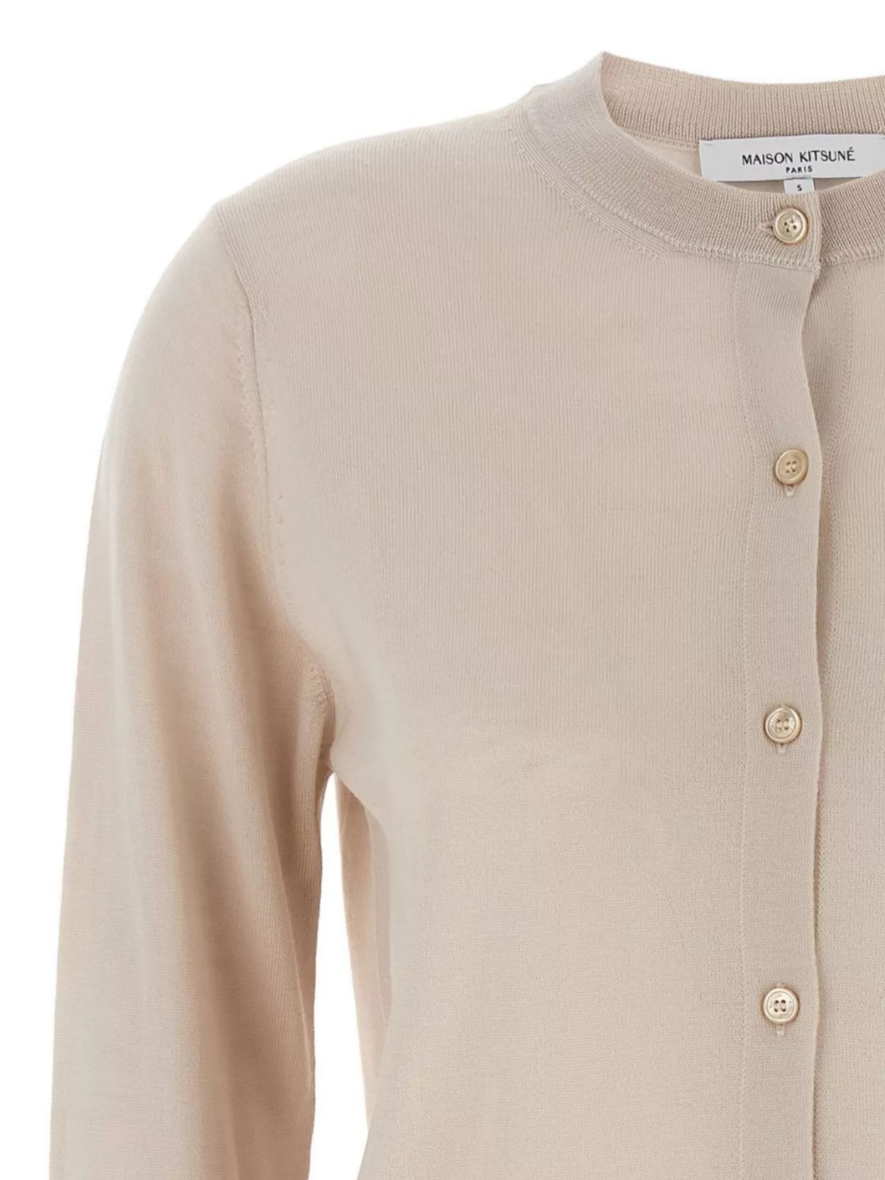 Maison Kitsuné Beige Cropped Cardigan With Round Neck And Logo Embroidery On The Front In Wool Woman