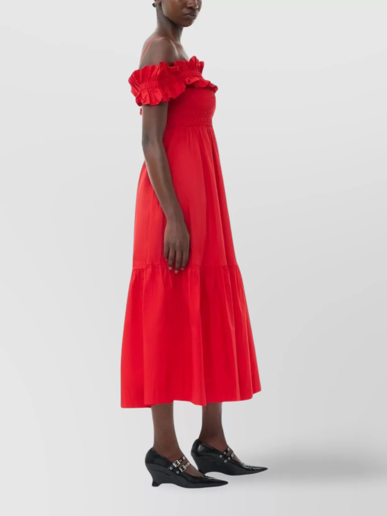 Ganni Long Cotton Dress Off-The-Shoulder Design