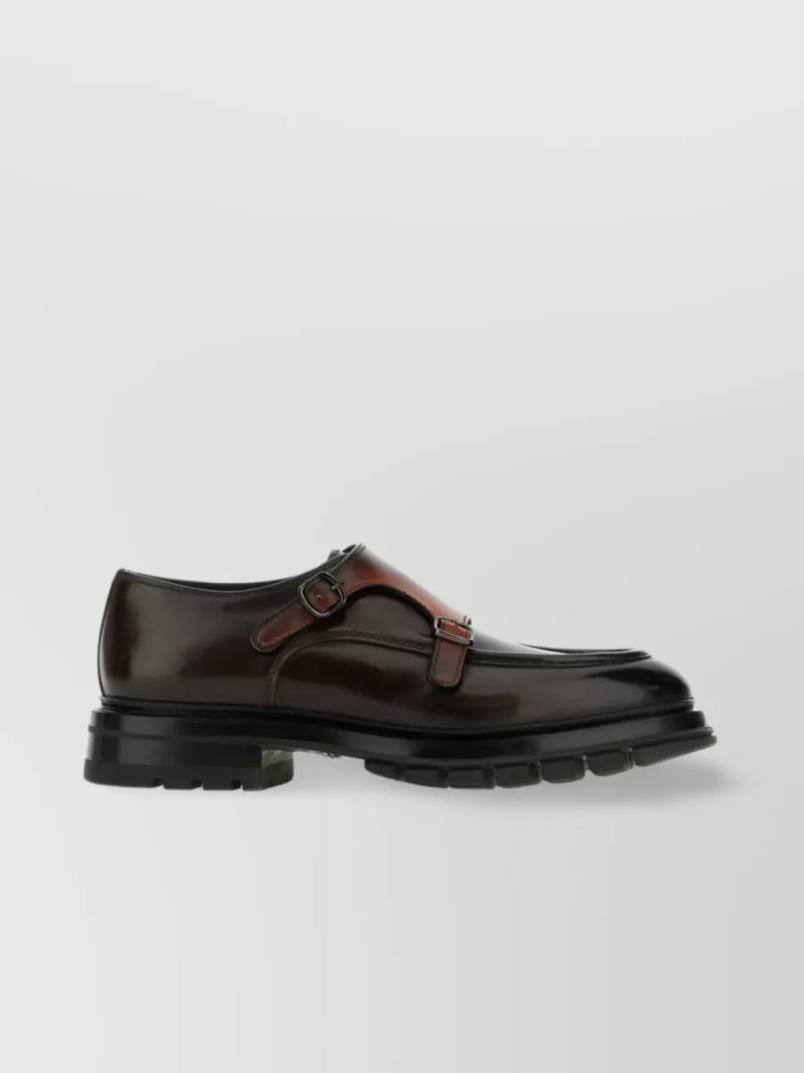 Shop Santoni Polished Leather Loafers With Chunky Sole In Brown