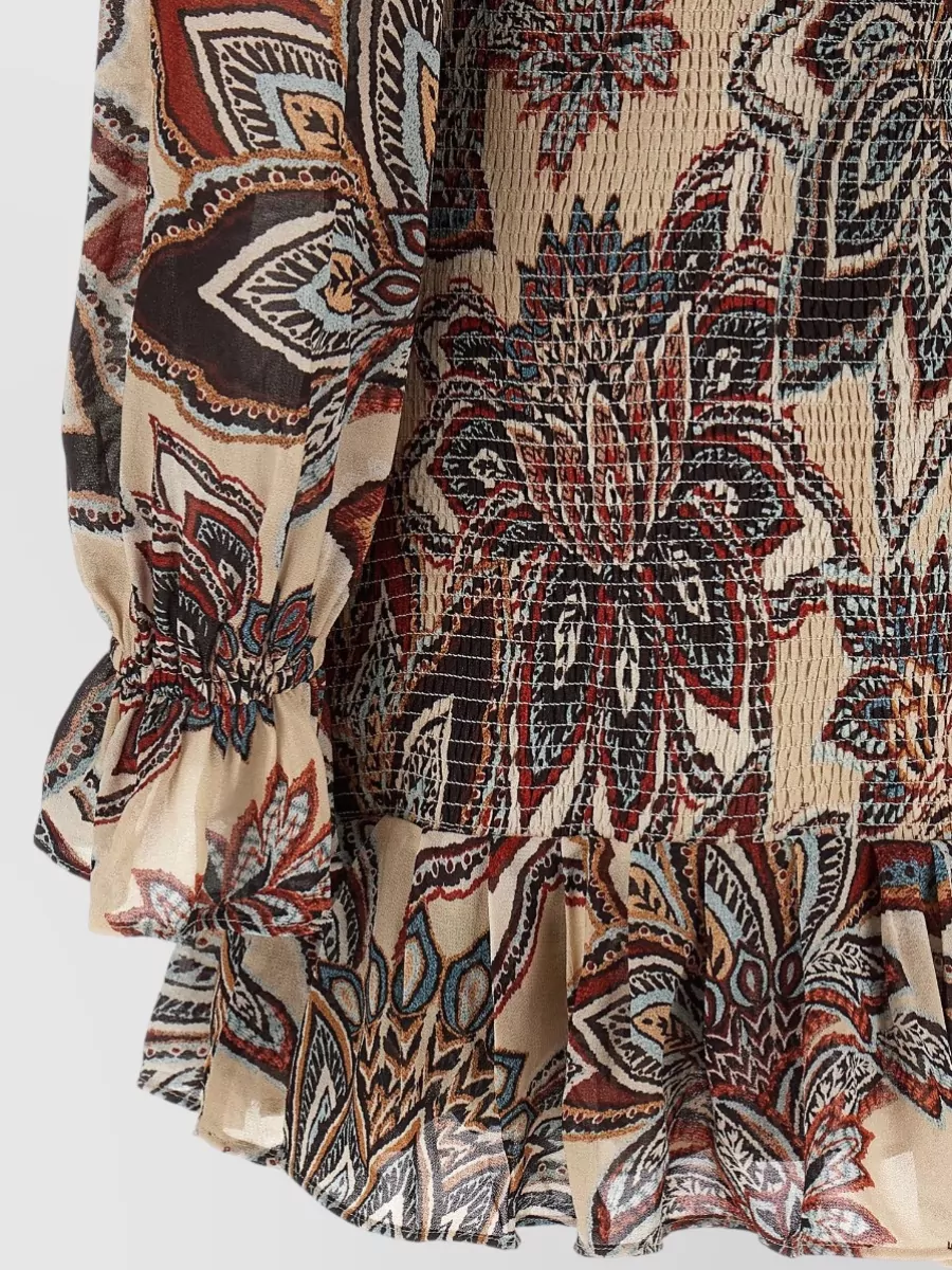 Farm Rio Floral-Print High-Neck Long-Sleeve Mini Dress