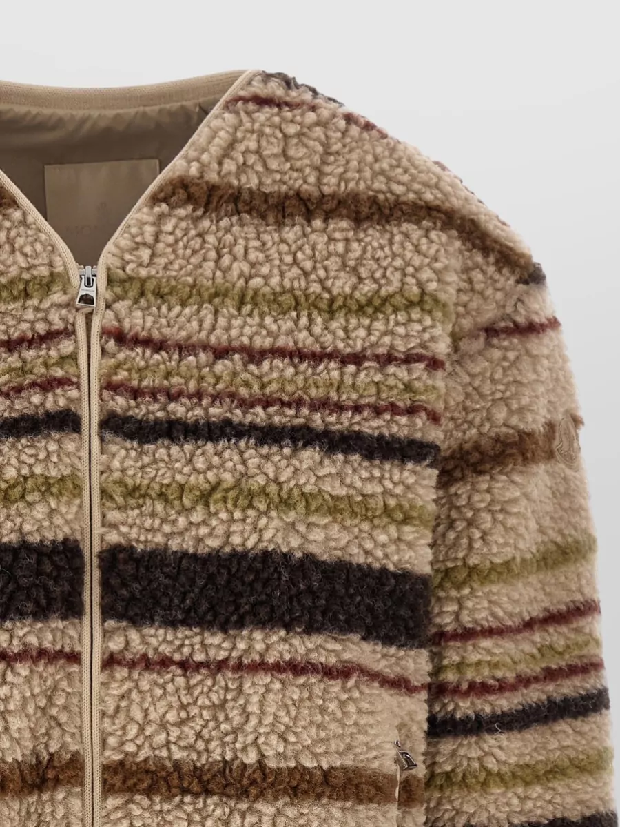 Moncler Teddy-Effect Striped V-Neck Zip-Up Cardigan