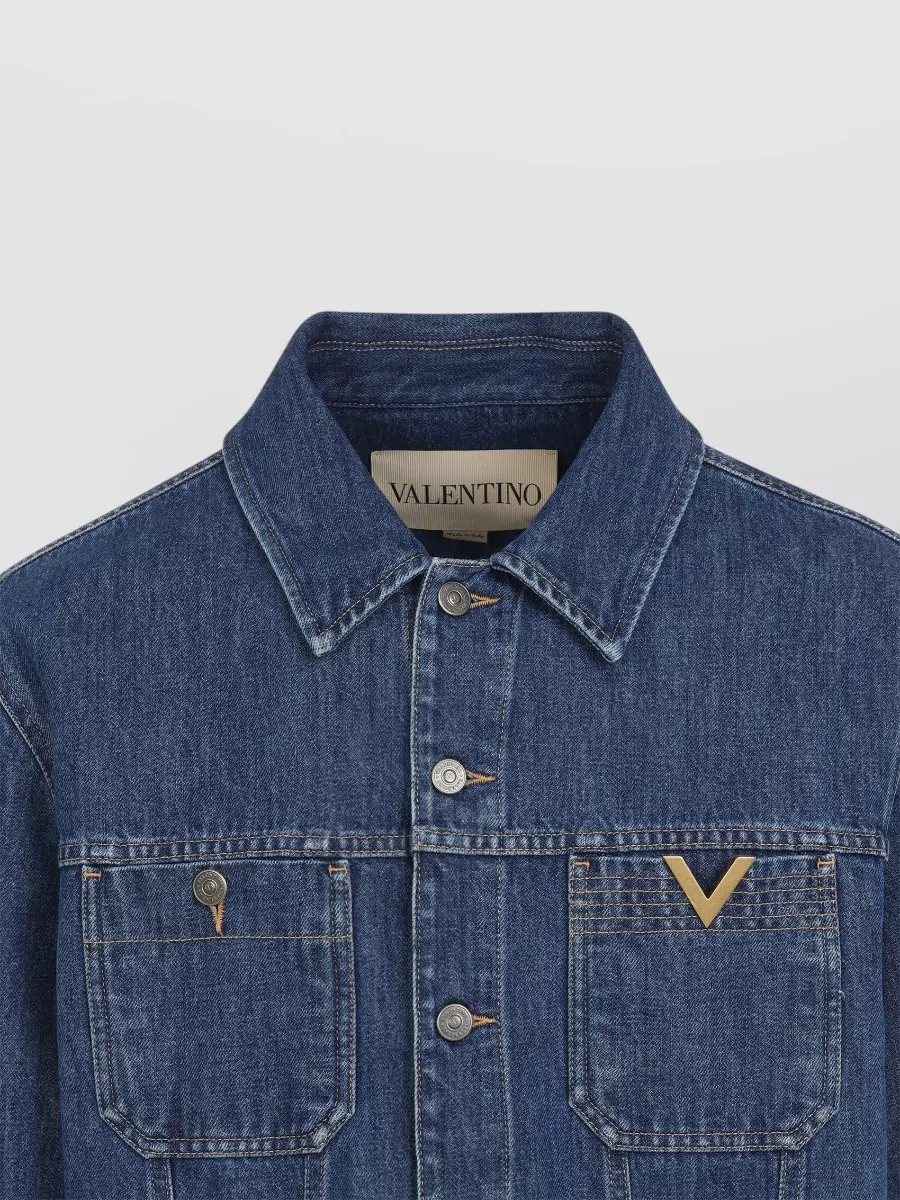 Valentino Denim Jacket Collared Long Sleeves Chest Pockets