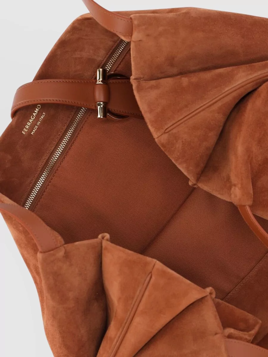 Ferragamo Tote Bag Dual Handles Metal Hardware Suede