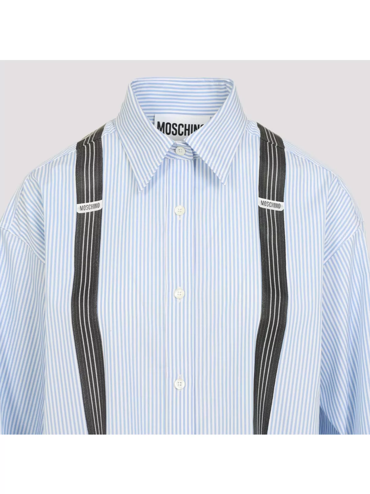 Moschino Couture Light Blue Cotton Striped Shirt With Decorative Straps In White