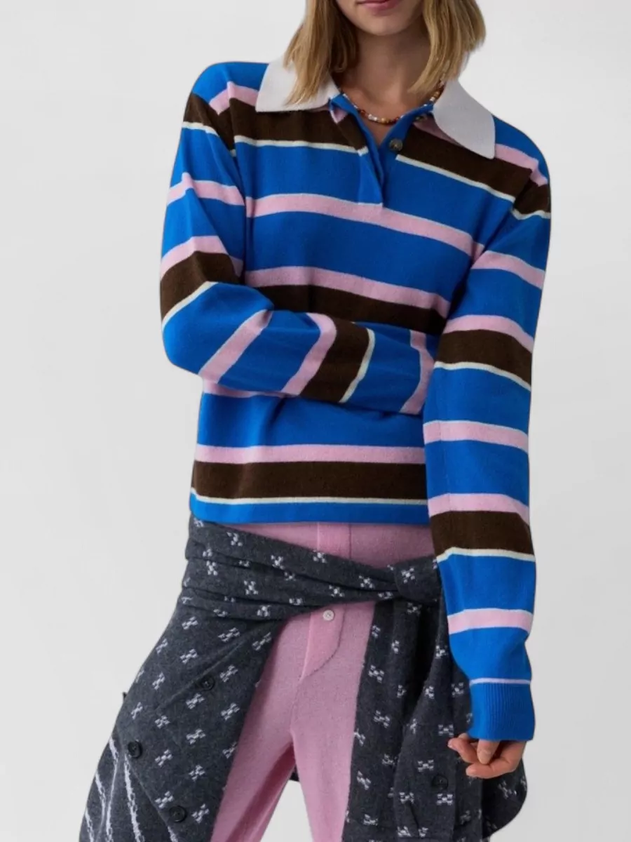 Guest In Residence Striped Cropped Cashmere Polo Top