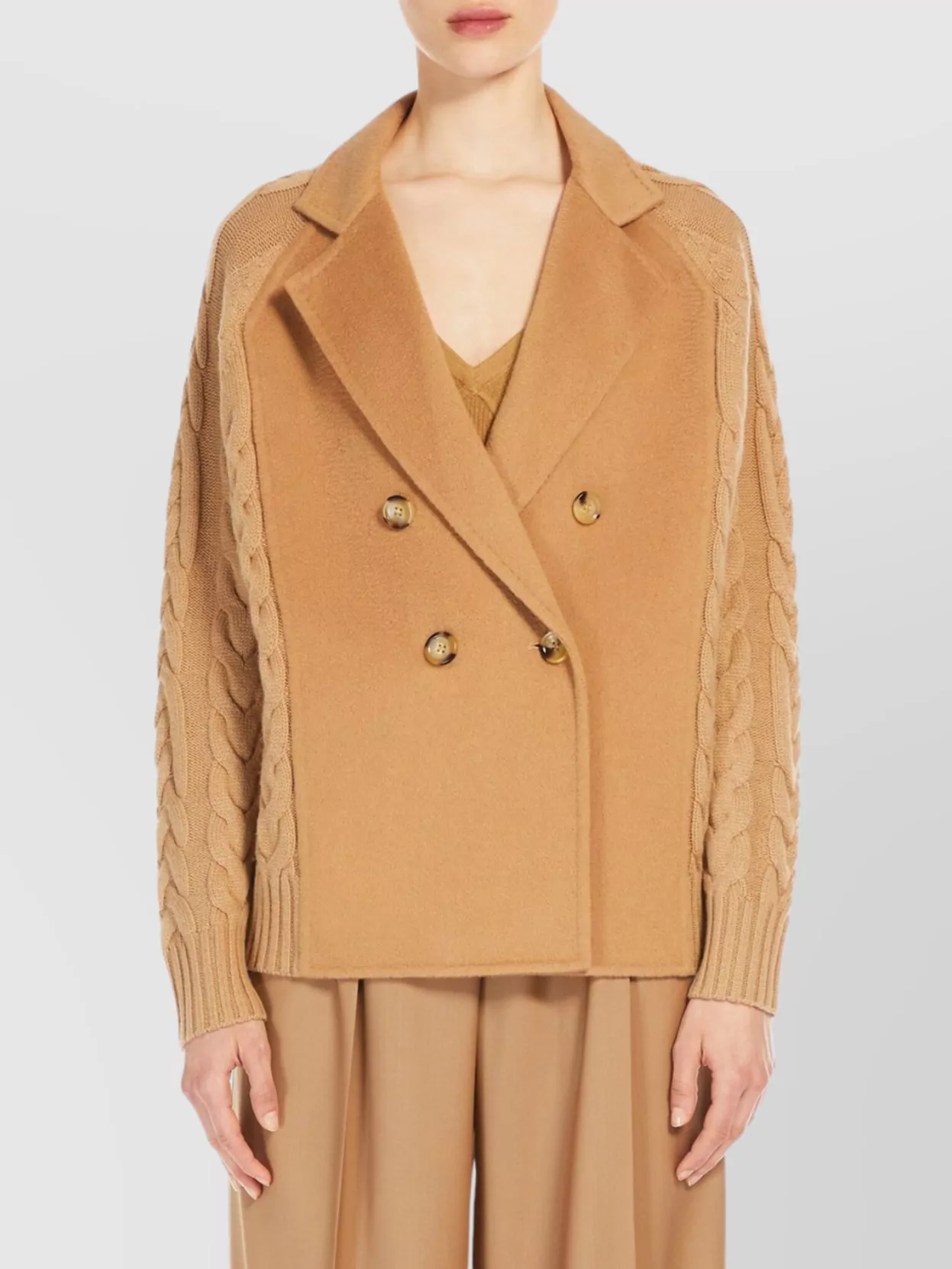 Max Mara Cable Knit Wool Cashmere Double Breasted Pea Coat