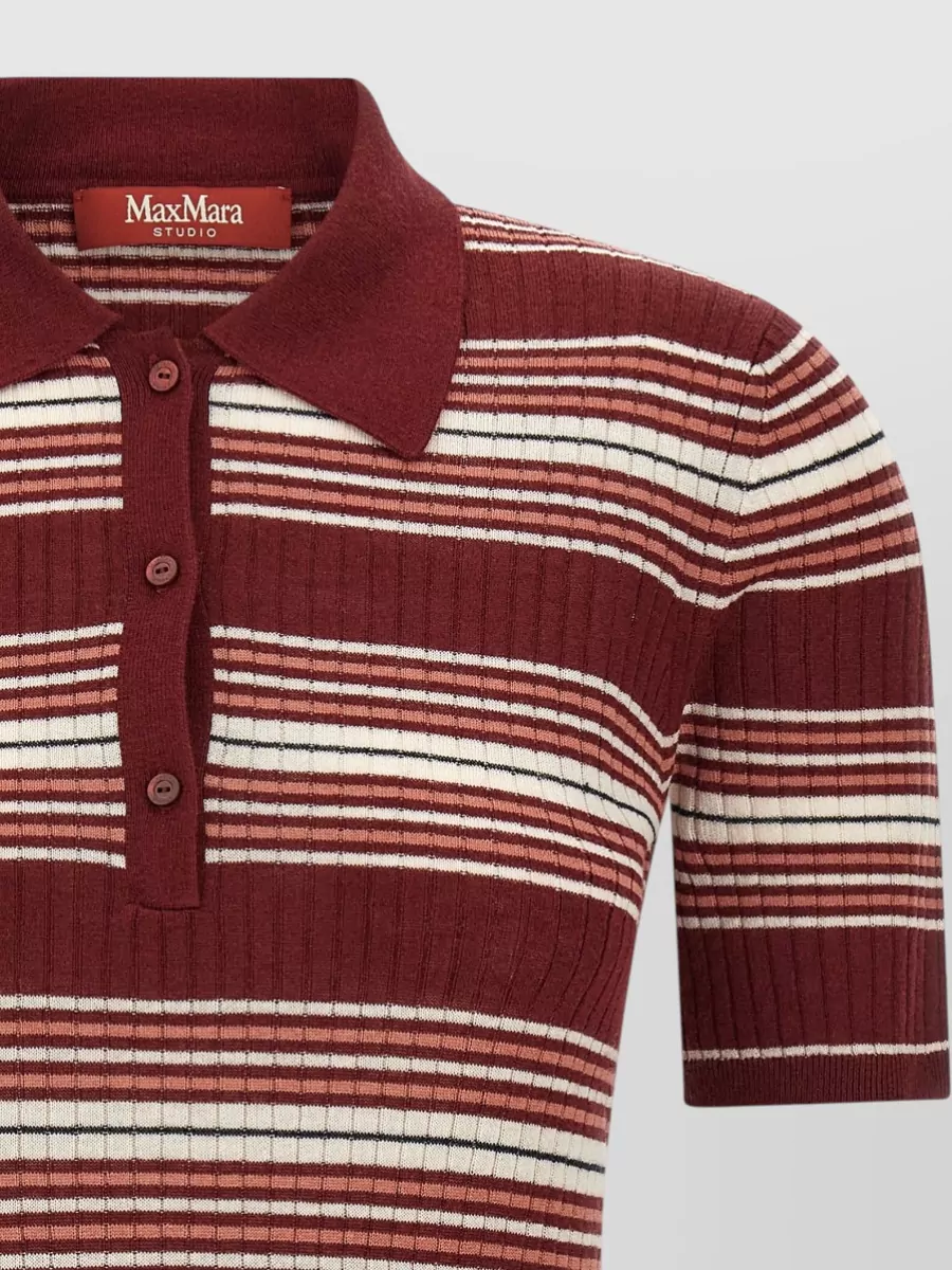 S Max Mara Silk Ribbed Striped Polo Top