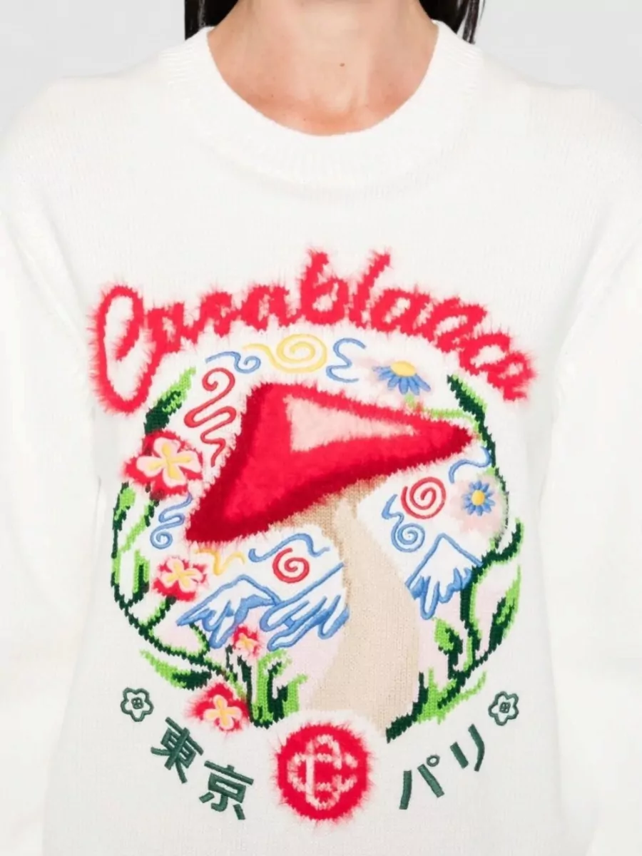 Casablanca Cotton Mushroom Intarsia Crewneck Sweater