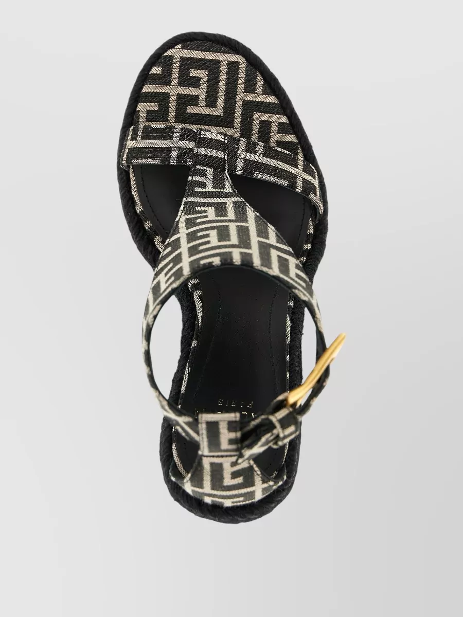 Balmain Leather Monogram-Jacquard Wedge Espadrille Sandals