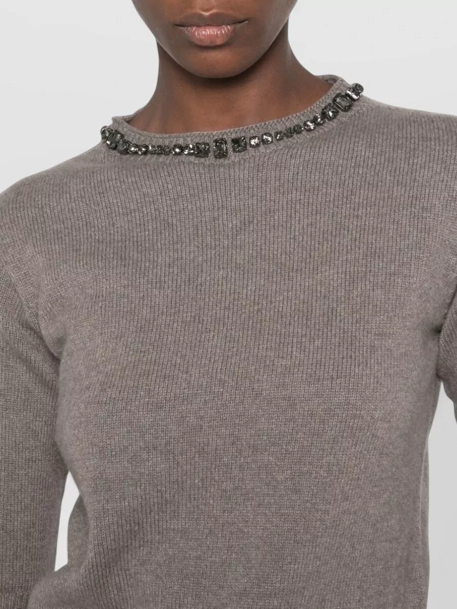 Fabiana Filippi Wool Silk Cashmere Fine-Knit Crystal-Embellished Short-Sleeve Sweater
