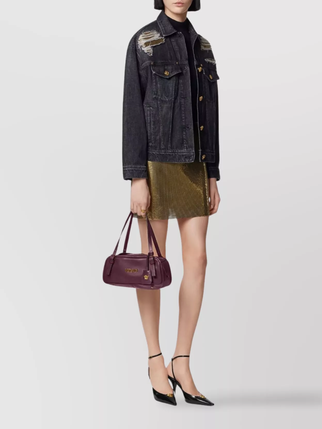 Versace Denim Jacket Distressed Front Pockets In Black