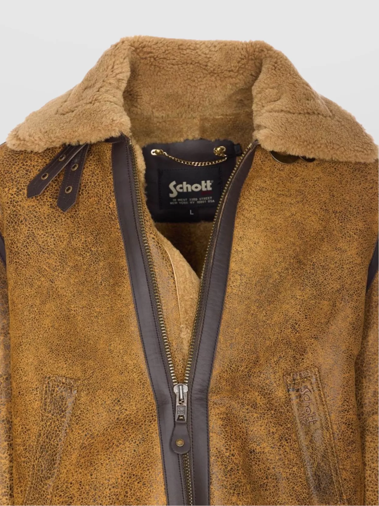 Schott Adjustable Strap Shearling Jacket Pockets