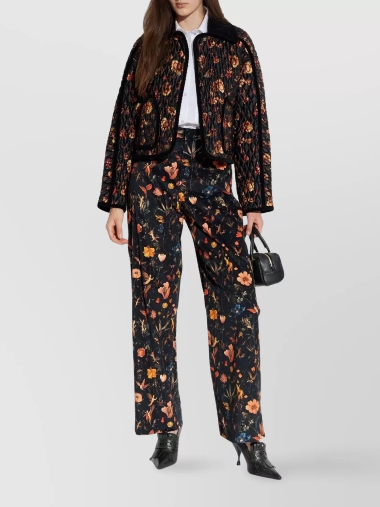 Burberry Floral Quilted Nylon Jacket With Corduroy Collar In Black