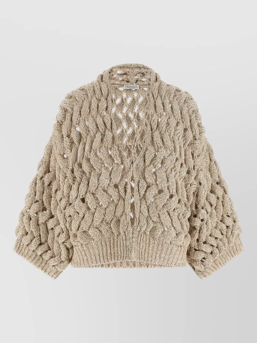 Brunello Cucinelli Silk Linen Openwork Sequin Cropped V-Neck Cardigan