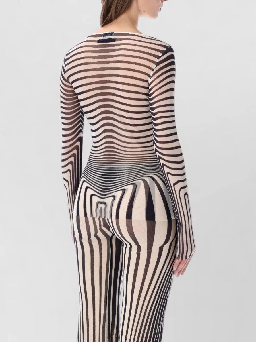 Jean Paul Gaultier Mesh Striped Long-Sleeve Boat Neck Top