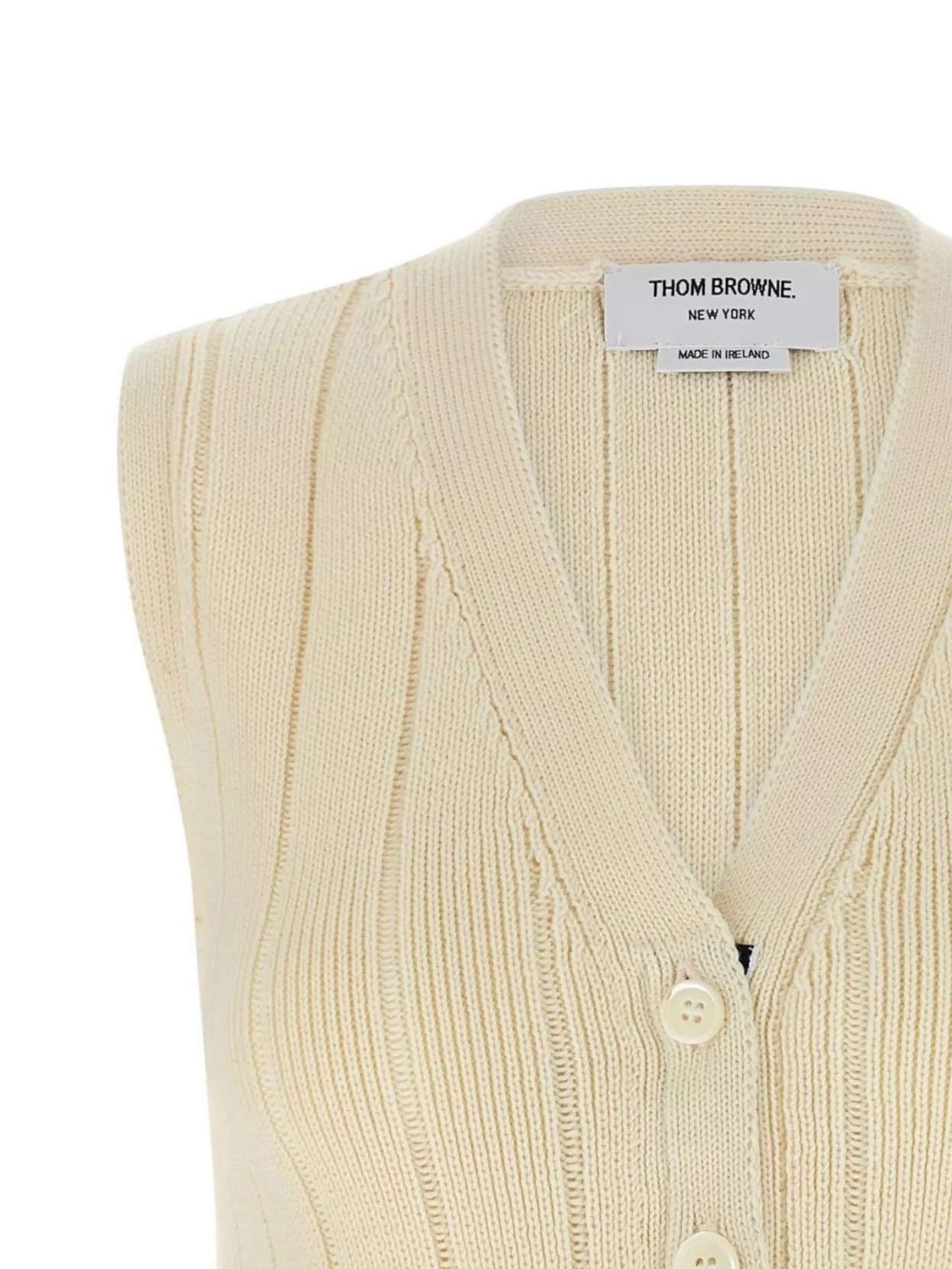 Thom Browne Sleeveless V-neck Ribbed Striped Vest In Neutral