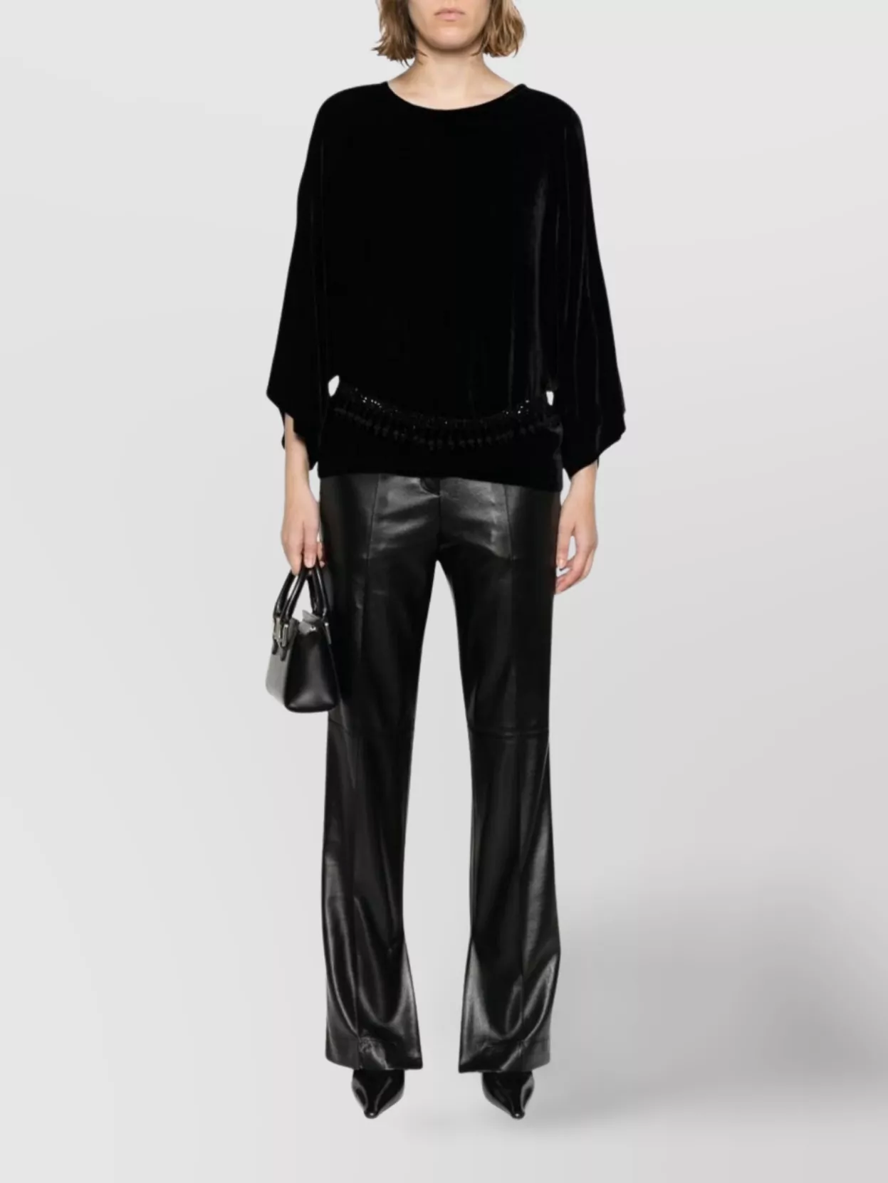 P.a.r.o.s.h Velvet Top With Embellished Waist And Loose Sleeves In Black