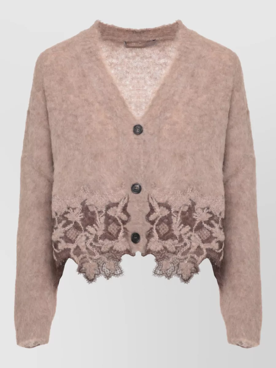 D.exterior alpaca wool lace trim v-neck cardigan