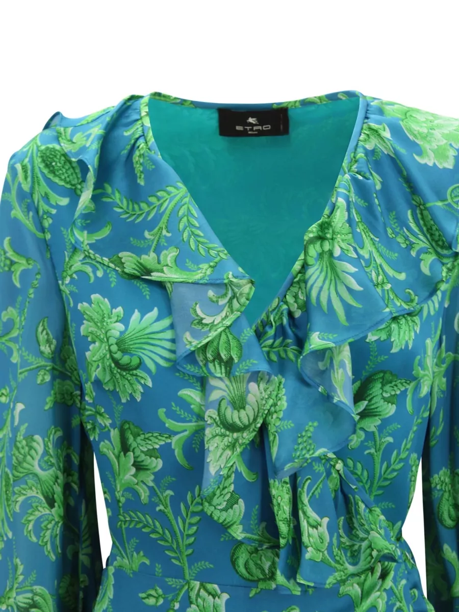 Etro Silk Floral-Print Ruffled V-Neck Long-Sleeve Wrap Maxi Dress