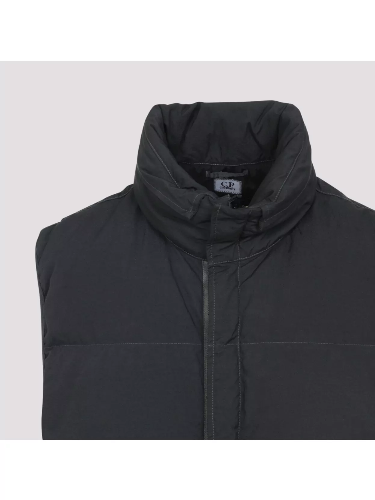 C.p. Company Black Vest With Mock Drawstring Neck And Logo Plaque On The Front In Blue