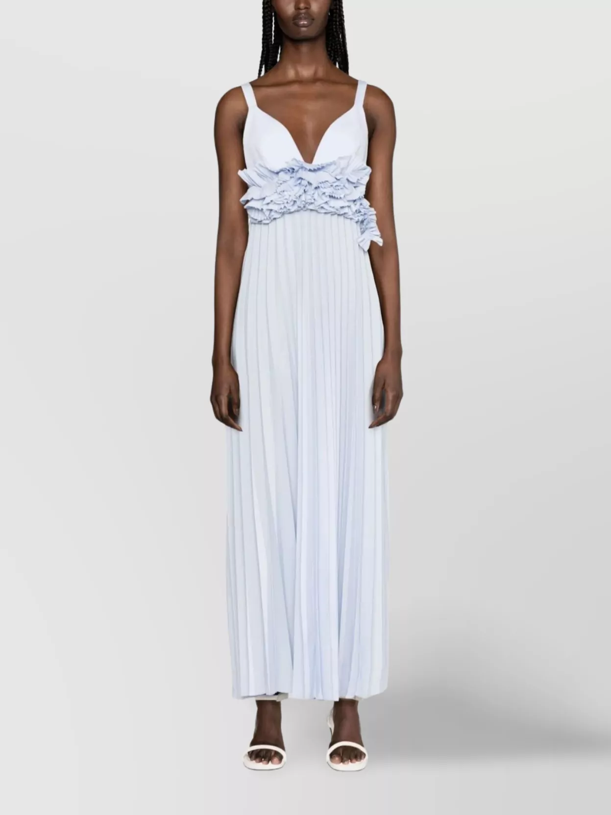 P.a.r.o.s.h Maxi Pleated Ruffle Sleeveless V-neck Dress In Blue