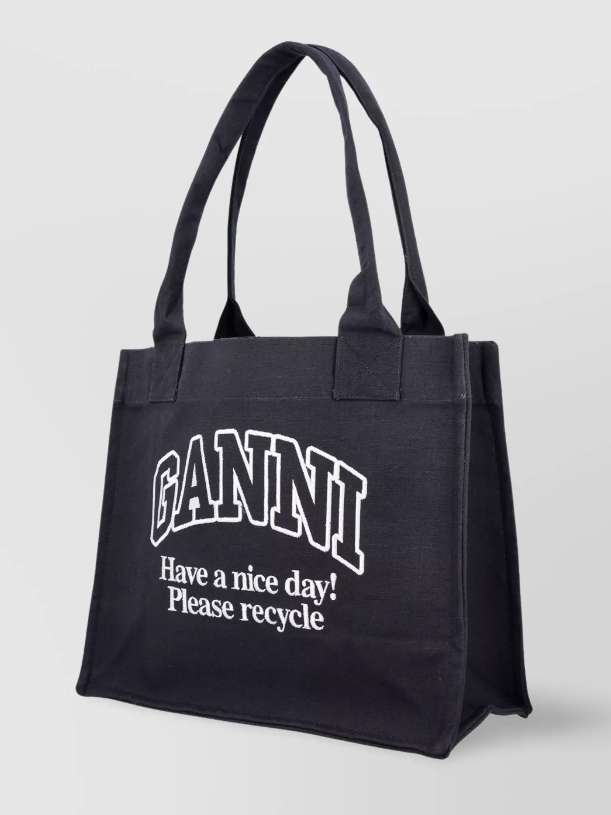 Ganni Black Shopper With Embroidered Logo On The Front In Denim Woman
