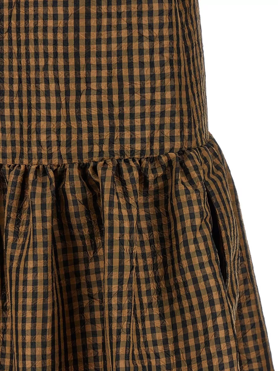 Ganni Crinckled Taffeta Checkered Dress Gathered Waist