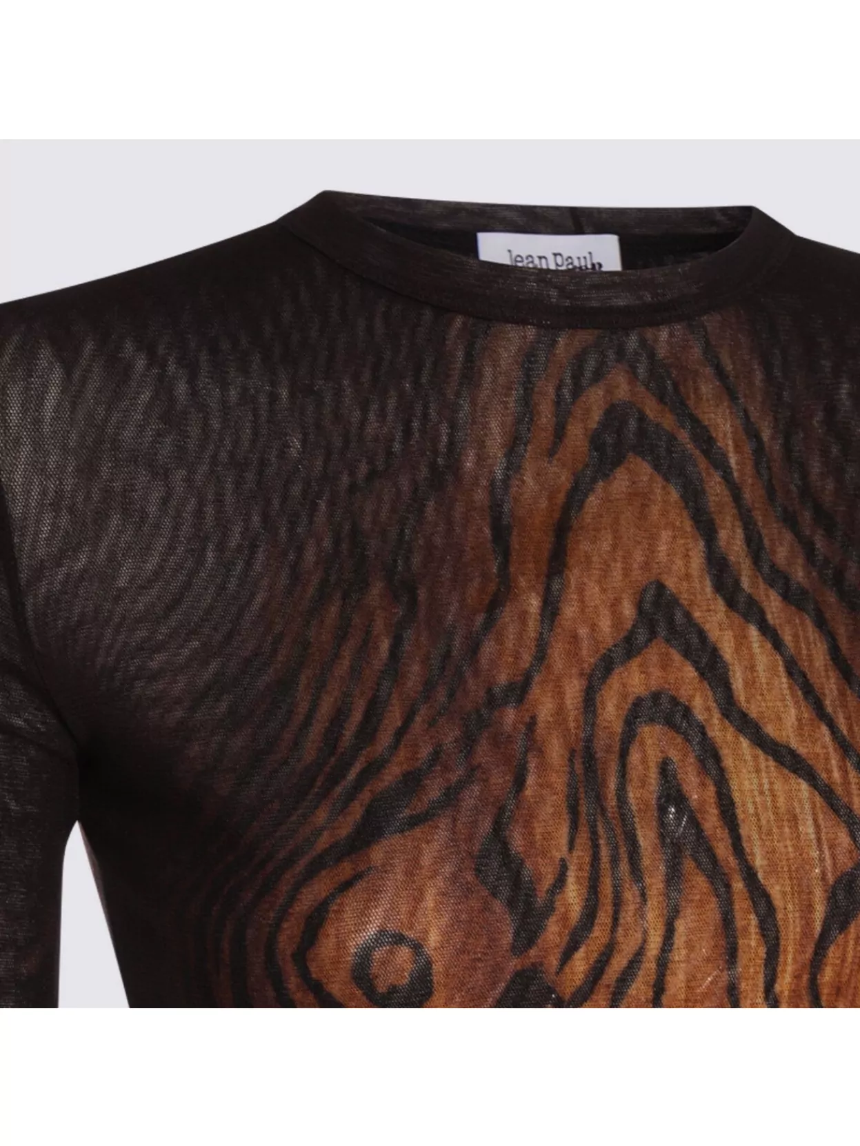 Jean Paul Gaultier Top Long Sleeves Mesh Printed Wood Woman Black And Brown In Brown