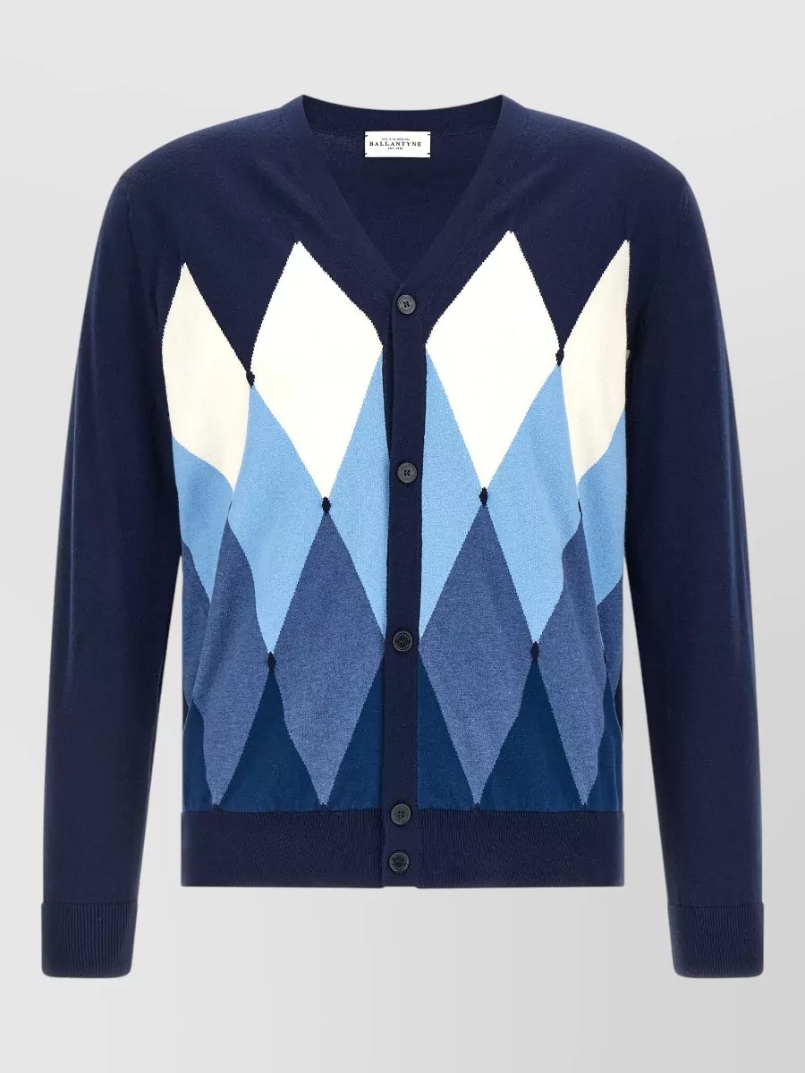 Ballantyne Cashmere Cotton Argyle V-Neck Cardigan