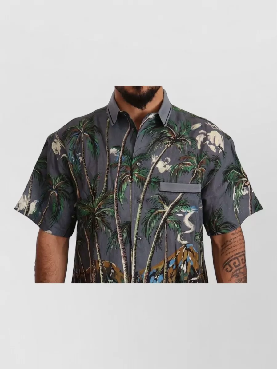 Dolce&Gabbana Linen Silk Tropical Print Short-Sleeve Shirt