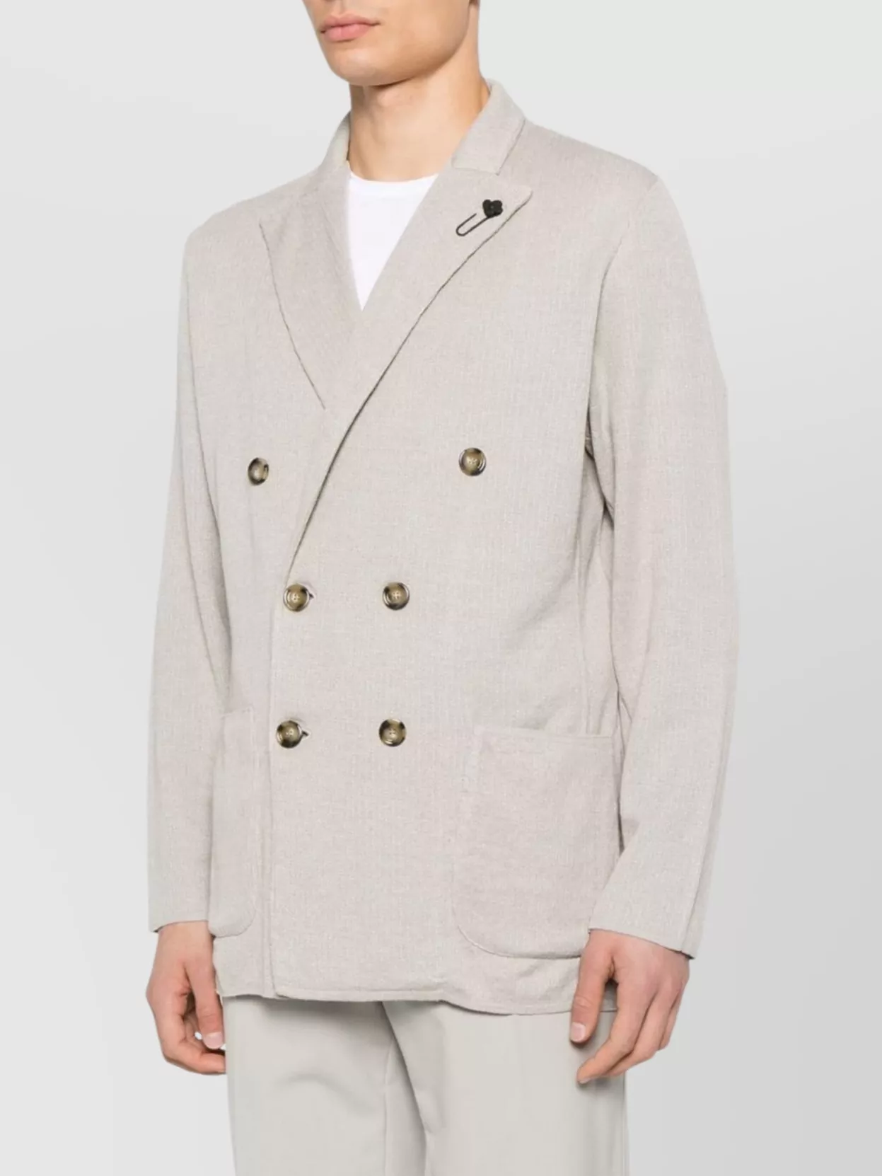 Lardini Double-breasted Linen Jacket With Brooch Detail And English Vents In Neutral