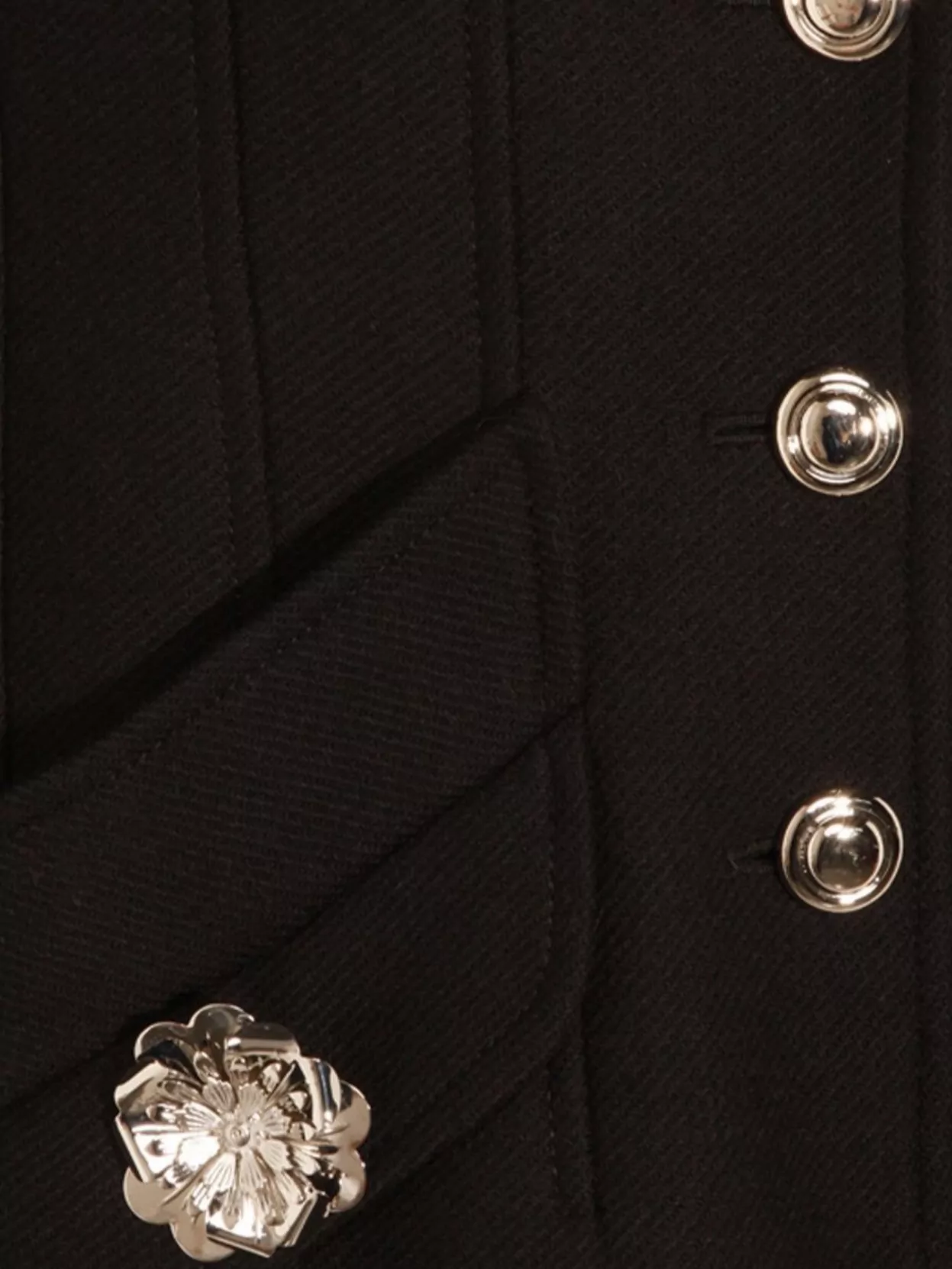 Blumarine Long Structured Coat With Floral Embellishments And Silver Buttons In Black