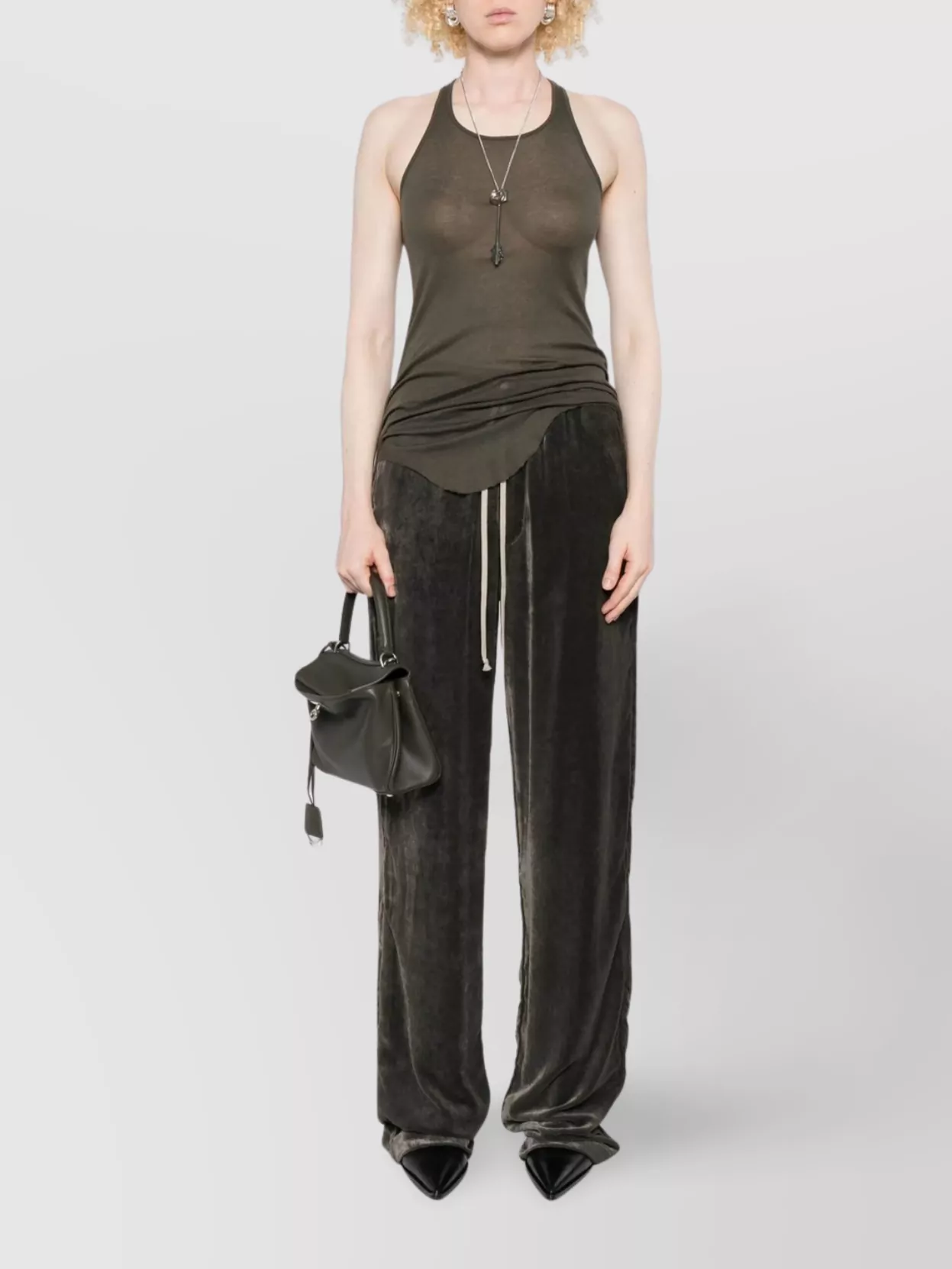 Rick Owens Ribbed Tank Top With Curved Hem And Racerback In Green