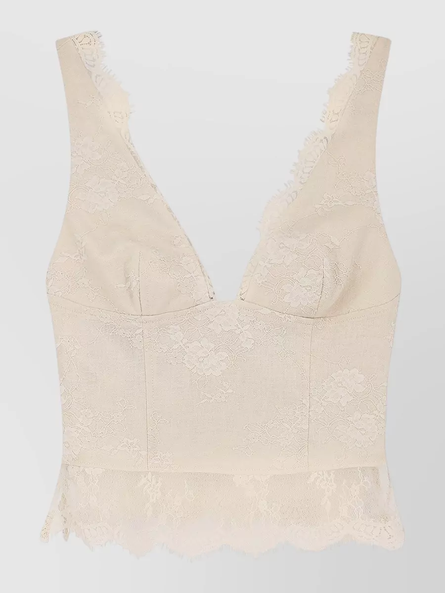 Pinko Linen lace asymmetric v-neck sleeveless crop top