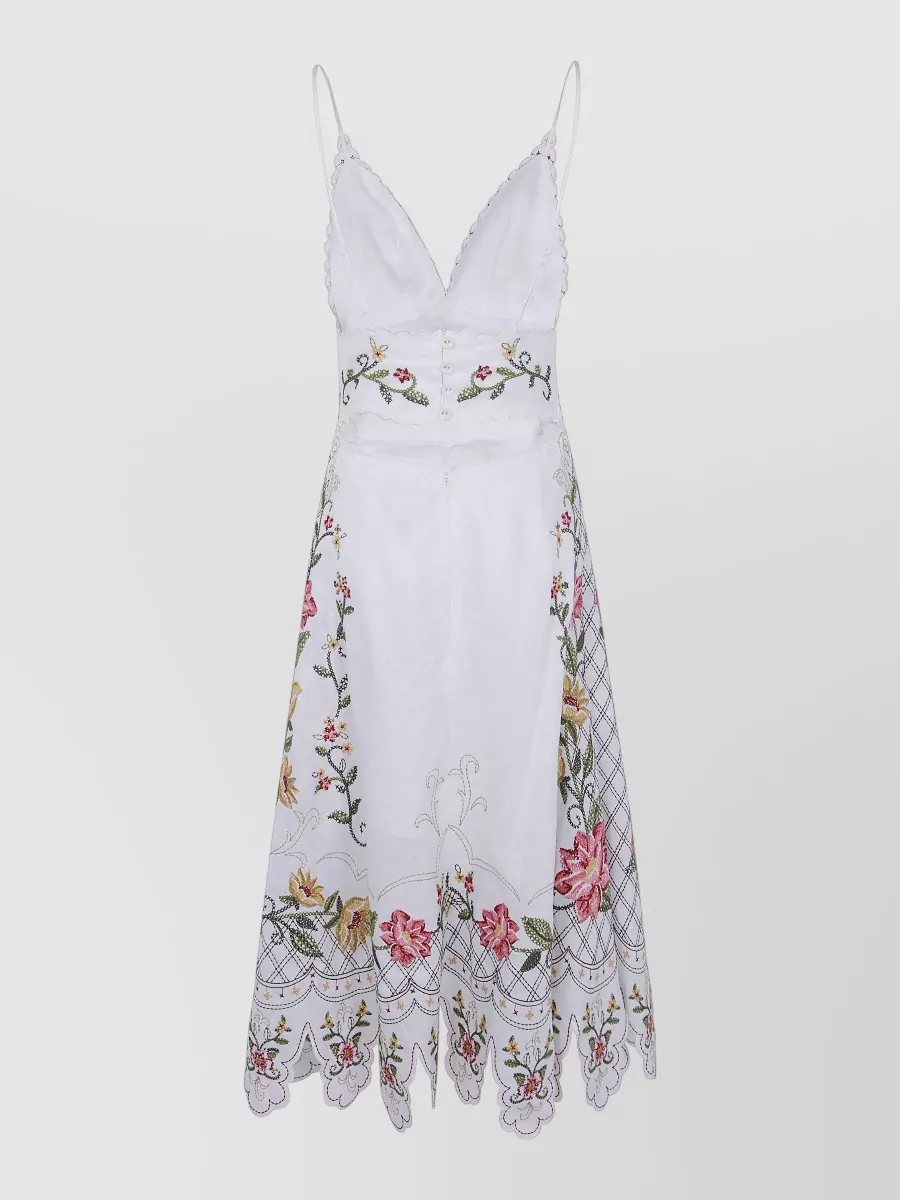 Farm Rio Linen Embroidered Asymmetric-Hem Sleeveless Midi Dress