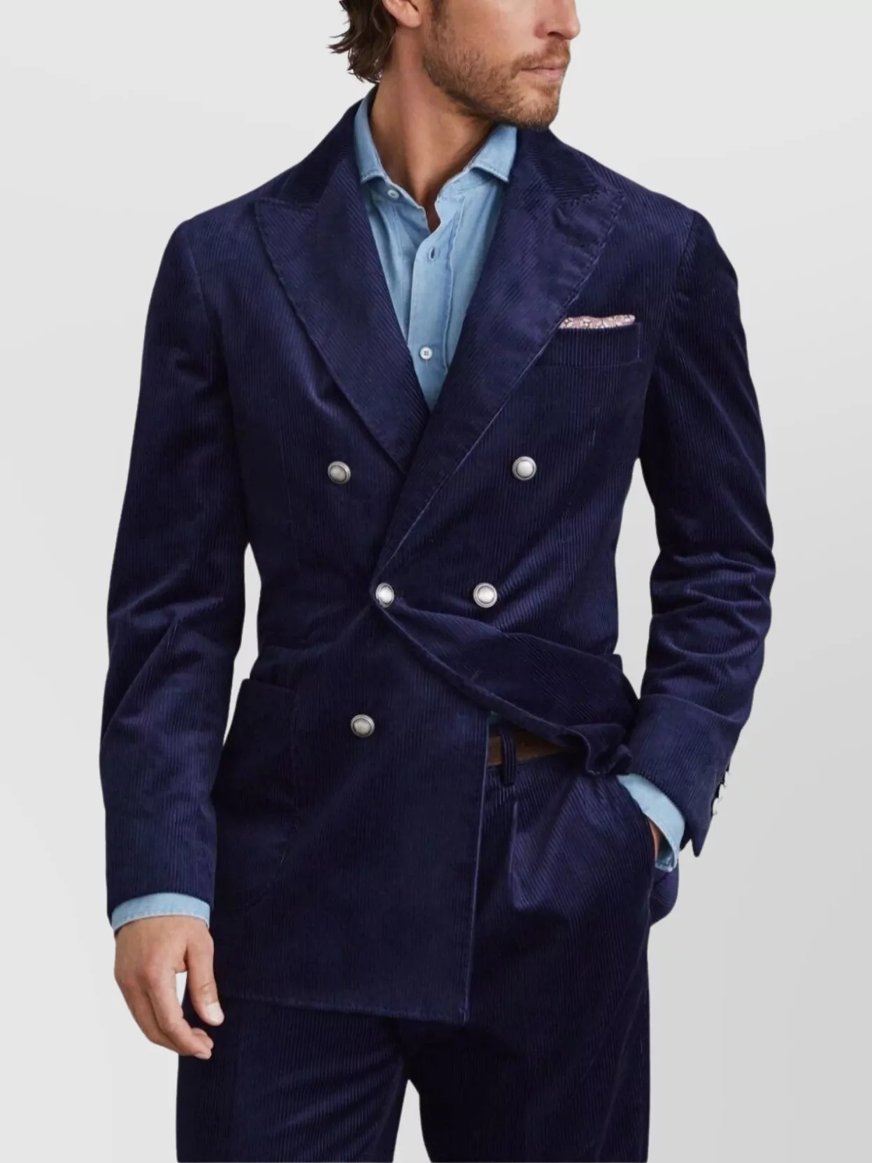 Brunello Cucinelli Corduroy Double-breasted Jacket Peak Lapels In Blue