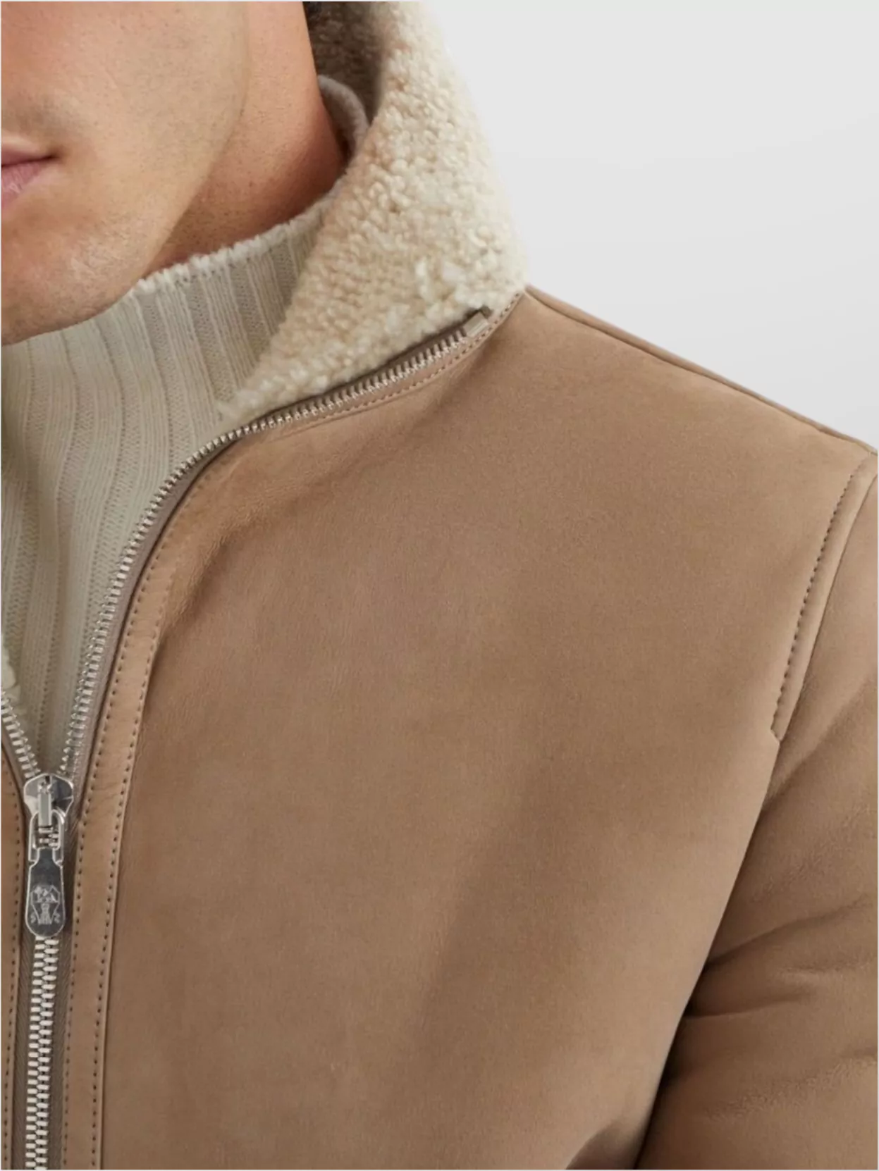 Brunello Cucinelli Bomber Jacket With Shearling Collar And Ribbed Finish